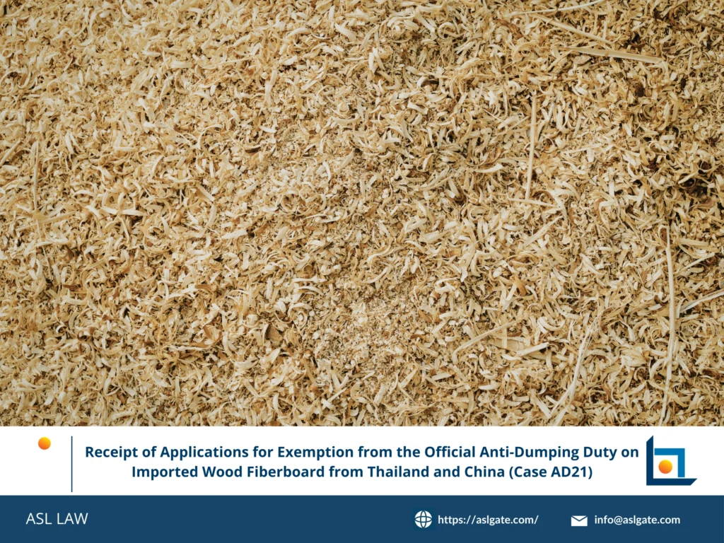 Step-by-step flowchart detailing the application process for exemption from Vietnam's anti-dumping duty on wood fiberboard (Case AD21).