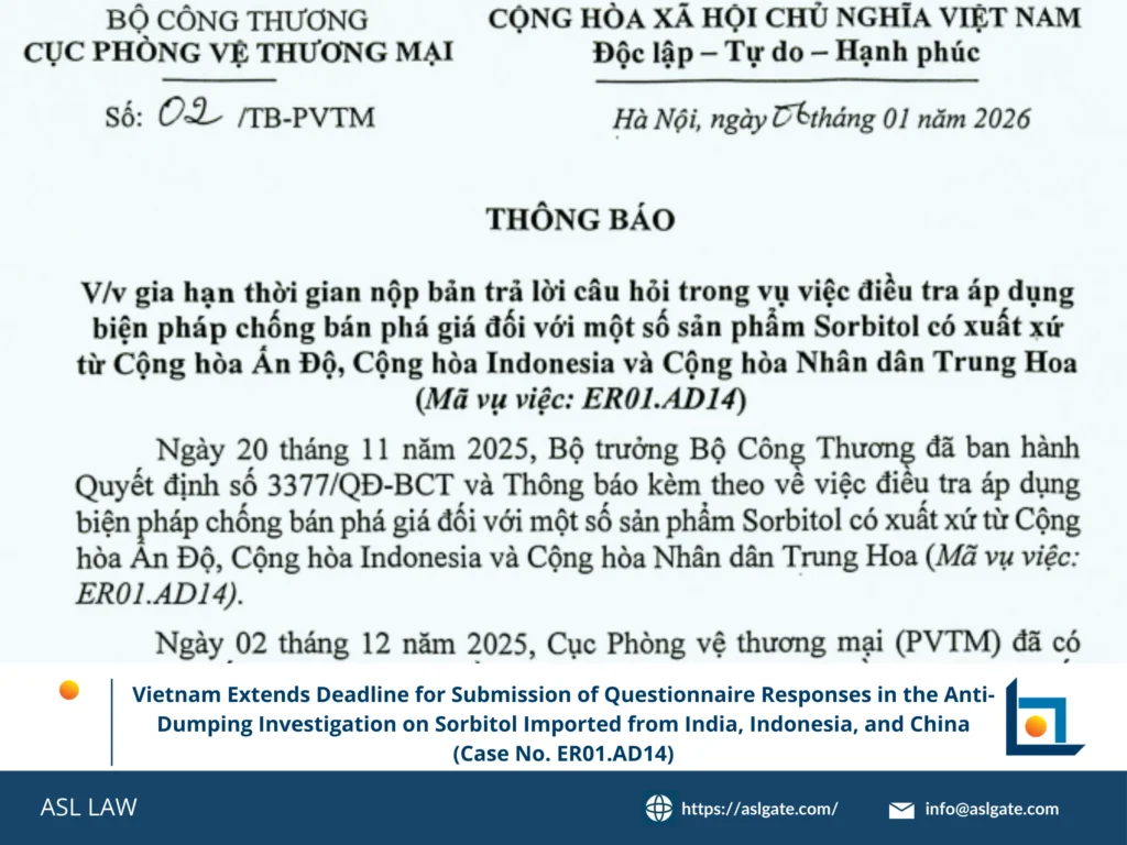 Vietnam deadline extension sorbitol, anti-dumping investigation questionnaire, ER01.AD14 case, MOIT extension, exporter response strategy