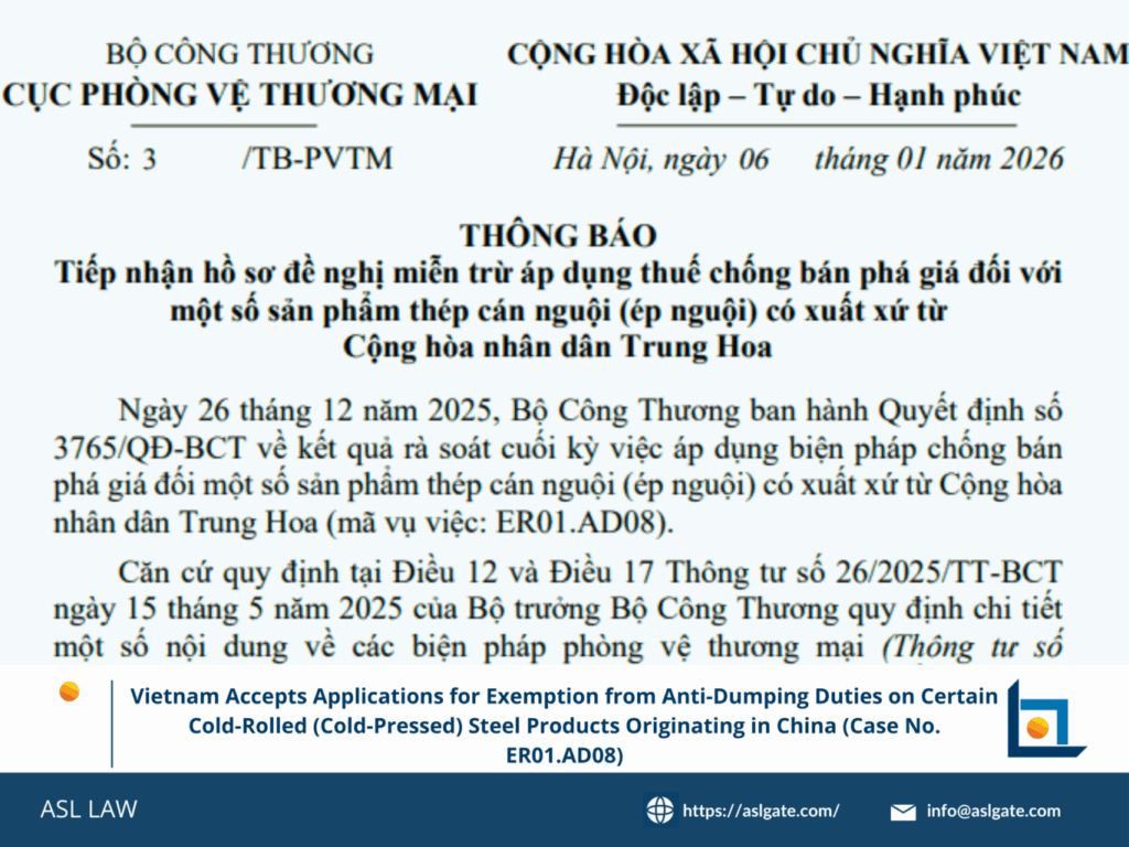 Vietnam anti-dumping duty exemption, cold-rolled steel application, ER01.AD08 exclusion process, MOIT exemption procedure, steel import waiver
