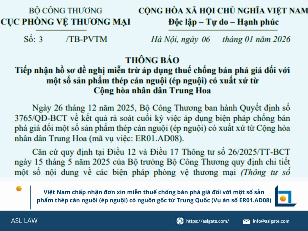 Việt Nam tiếp nhận hồ sơ đề nghị miễn trừ thuế chống bán phá giá thép cán nguội Trung Quốc, mã vụ việc ER01.AD08