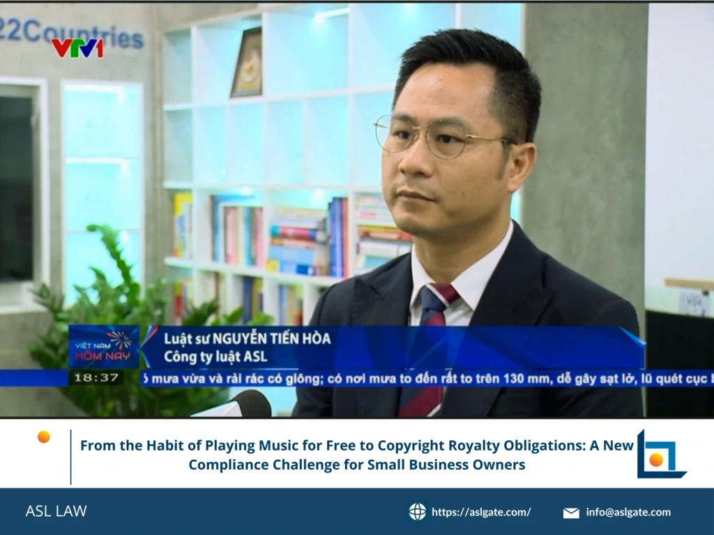 ASL LAW intellectual property attorneys explaining music copyright royalty obligations under Decree 134/2026 to a small business owner at the Hanoi office