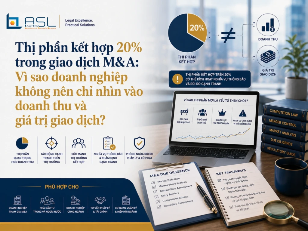ASL LAW chuyên gia pháp lý cạnh tranh và M&A phân tích ngưỡng thị phần kết hợp 20% trong giao dịch M&A tại văn phòng Hà Nội