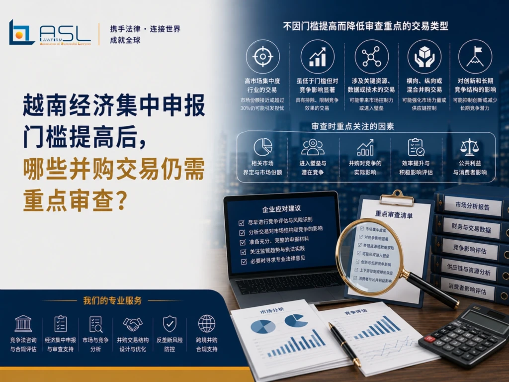 ASL LAW河内办公室竞争法与反垄断律师团队,正在为客户分析2026年新申报门槛下仍需重点审查的并购交易类型与风险