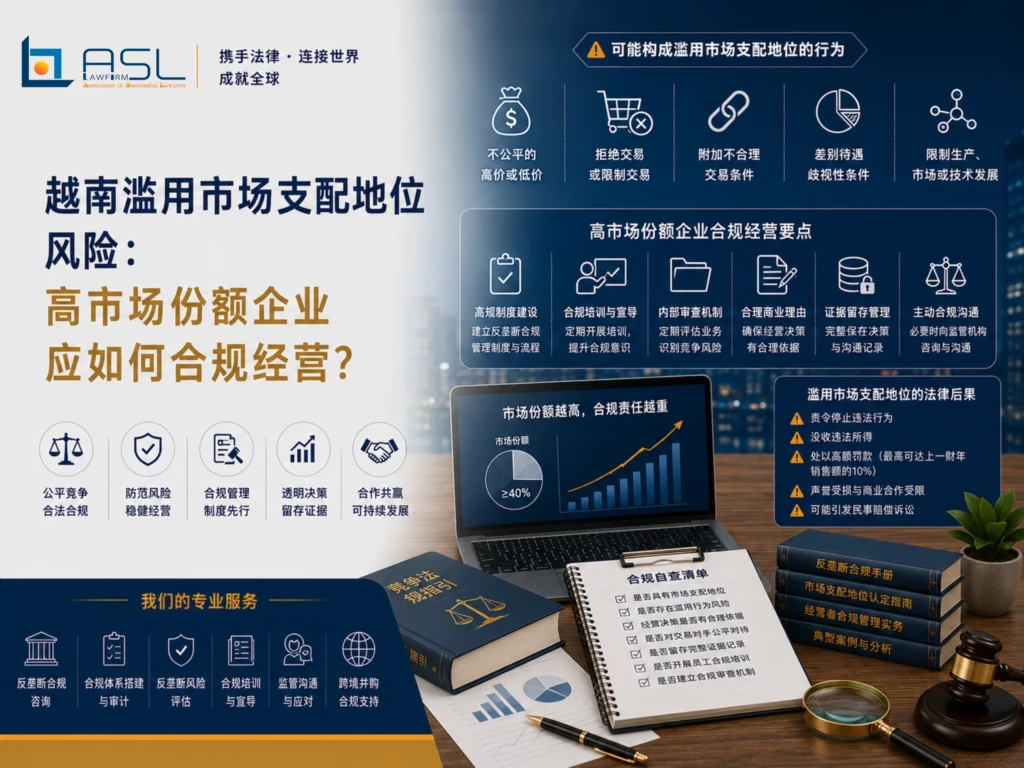 ASL LAW河内办公室反垄断与竞争法律师团队,正在为客户分析高市场份额企业在越南市场面临的滥用市场支配地位风险与合规策略
