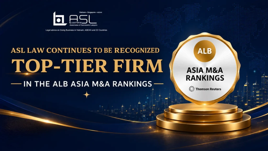 ASL LAW M&A attorneys celebrating the firm's recognition as a top-tier firm in the ALB Asia M&A Rankings at Hanoi office