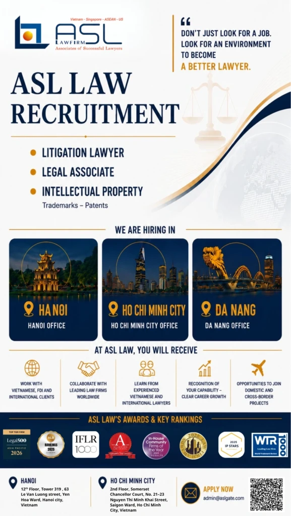 ASL LAW recruitment banner for lawyers and legal associates in Hanoi, Ho Chi Minh City, and Da Nang offices