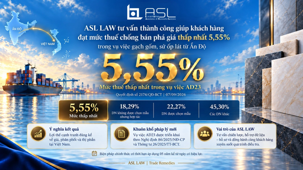 ASL LAW chuyên gia phòng vệ thương mại phân tích chiến lược thành công giúp khách hàng đạt mức thuế chống bán phá giá thấp nhất 5,55% trong vụ gạch ốp lát từ Ấn Độ tại văn phòng Hà Nội.