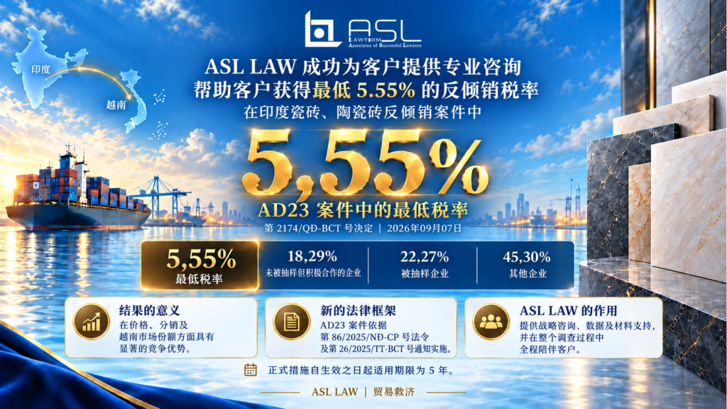 ASL LAW贸易救济律师团队在河内办公室分析越南AD23反倾销案件结果，展示5.55%最低税率的胜诉成果。