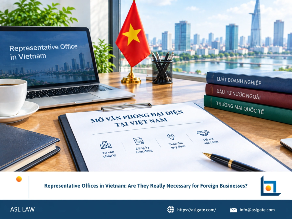 ASL LAW corporate attorneys discussing the necessity and benefits of representative offices with foreign business clients at Hanoi office.