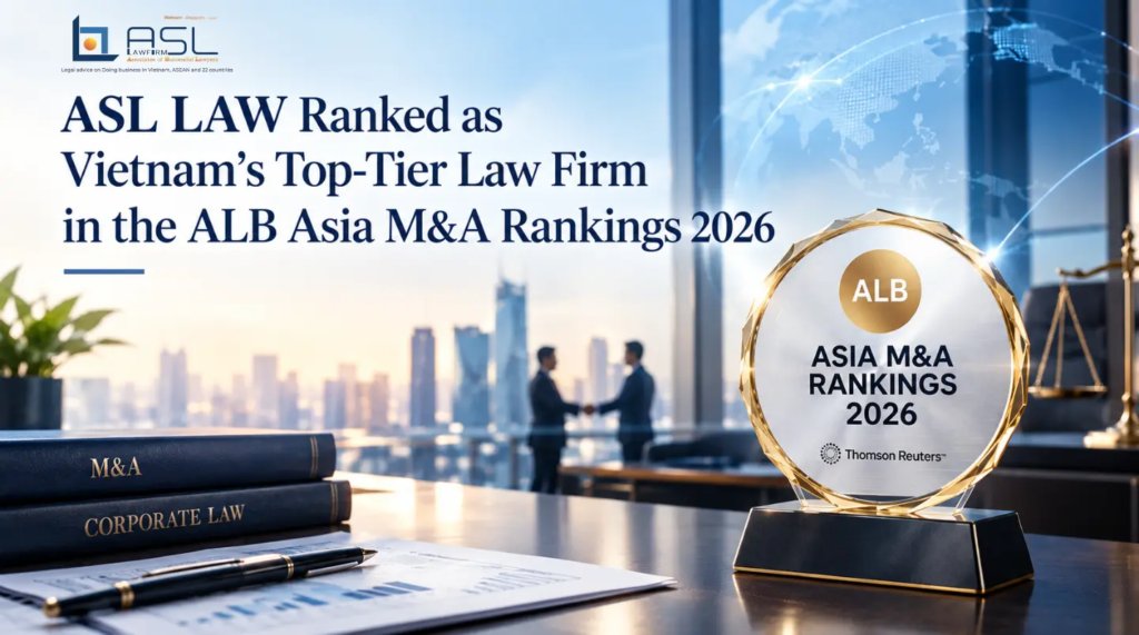 ASL LAW M&A attorneys celebrating the firm's recognition as a top-tier law firm in the ALB Asia M&A Rankings 2026 at Hanoi office.