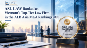 ASL LAW M&A attorneys celebrating the firm's recognition as a top-tier law firm in the ALB Asia M&A Rankings 2026 at Hanoi office.