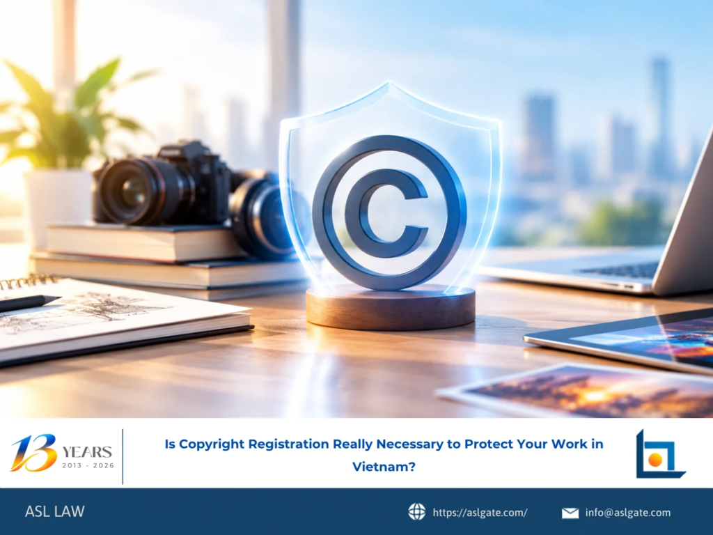 ASL LAW copyright attorneys explaining the difference between automatic copyright protection and voluntary registration in Vietnam at Hanoi office.