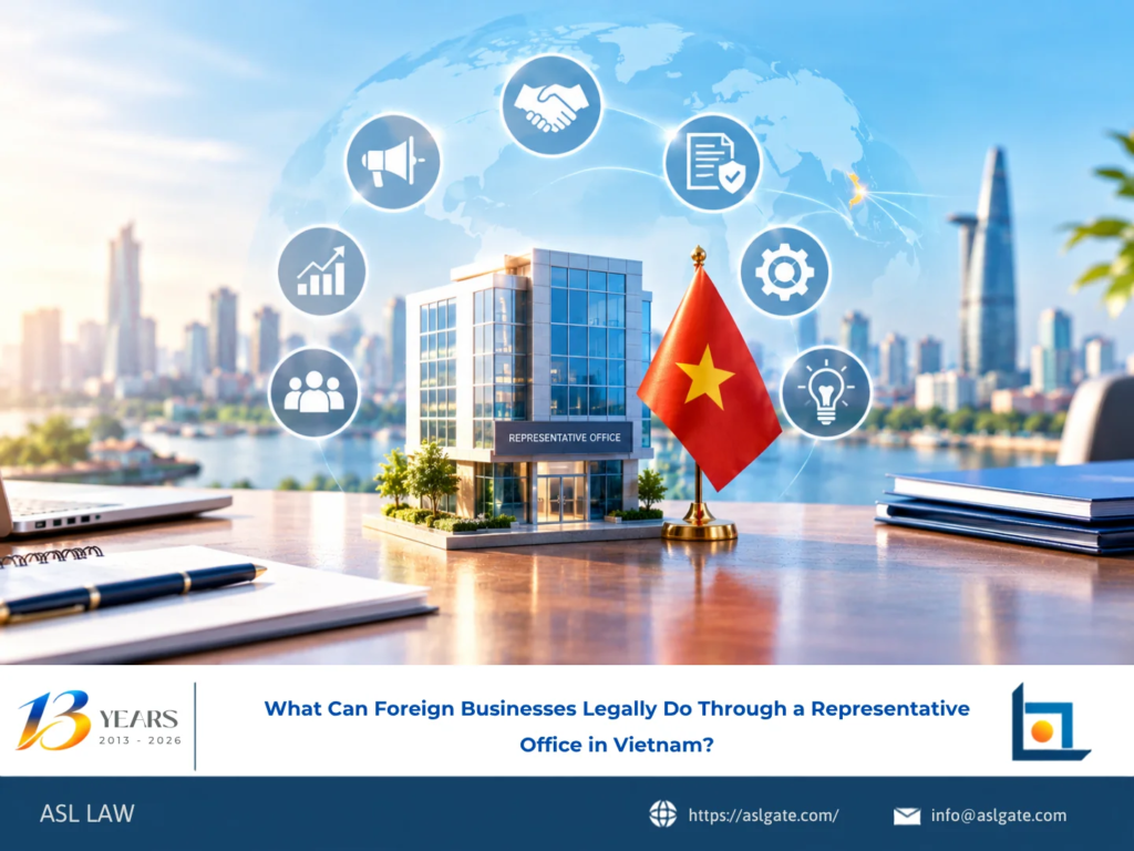 ASL LAW corporate attorneys explaining permitted activities and legal limits of representative offices to foreign businesses in Vietnam at Hanoi office.