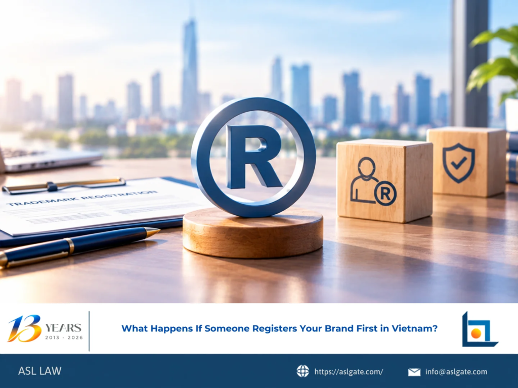 ASL LAW trademark attorneys advising a business client on legal options after discovering their brand was registered by a third party in Vietnam at Hanoi office.