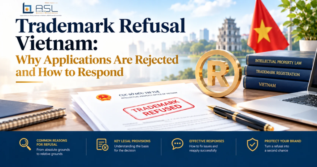 ASL LAW trademark attorneys analyzing a trademark refusal notice and advising a client on response strategies at Hanoi office.