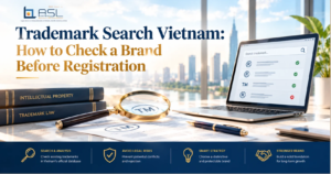 ASL LAW trademark attorneys conducting a trademark search and explaining brand clearance strategies to a business client at Hanoi office.